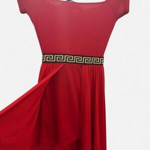Red Short-Sleeve Dress with Decorative Waistband